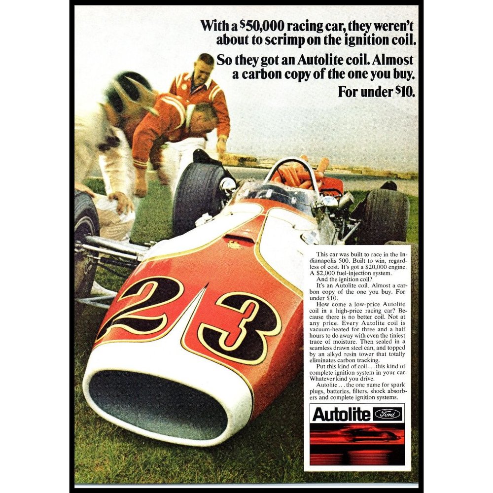 1968 Ford Autolite Car Parts Open Wheel Race Car Vintage Print Ad Racing Art